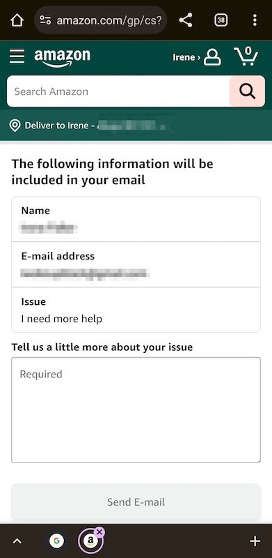 Formulário de e-mail no site móvel da Amazon