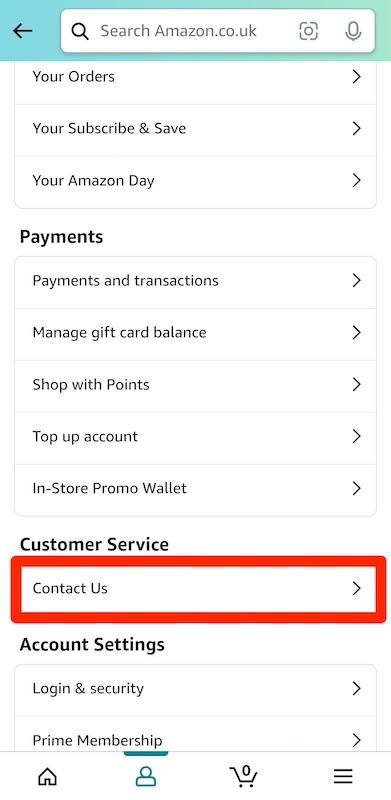 Opções de conta no aplicativo Amazon Shopping