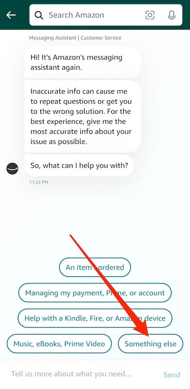 Opções de chatbot da Amazon no aplicativo móvel