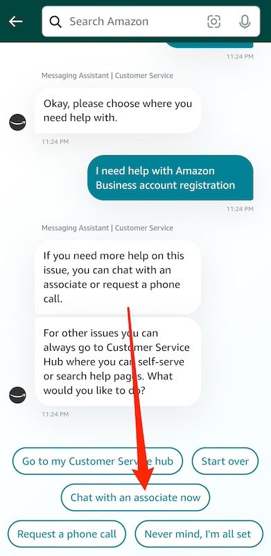 Converse com uma opção de associado no aplicativo Amazon Shopping