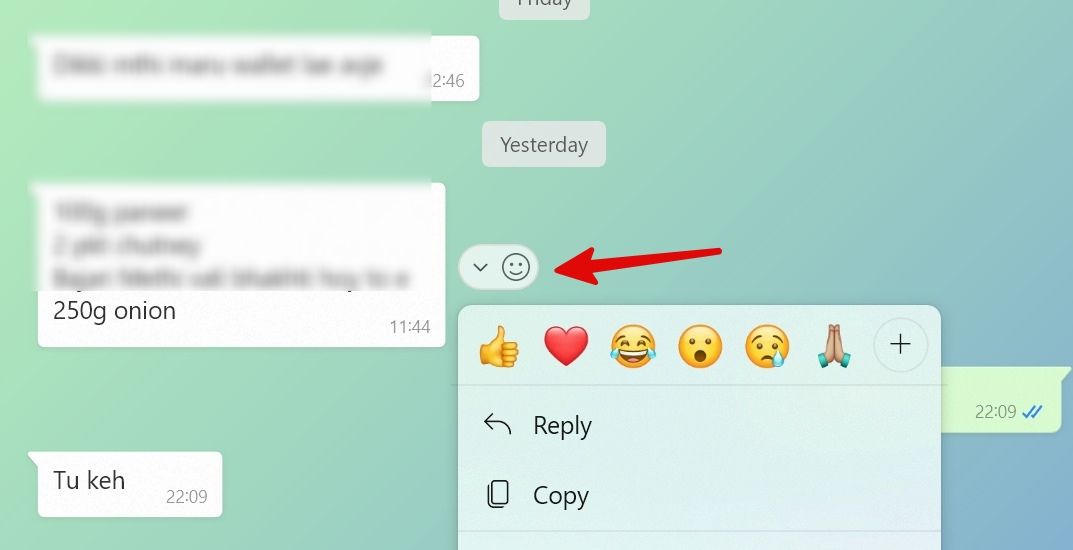 Reação de mensagem do WhatsApp na área de trabalho