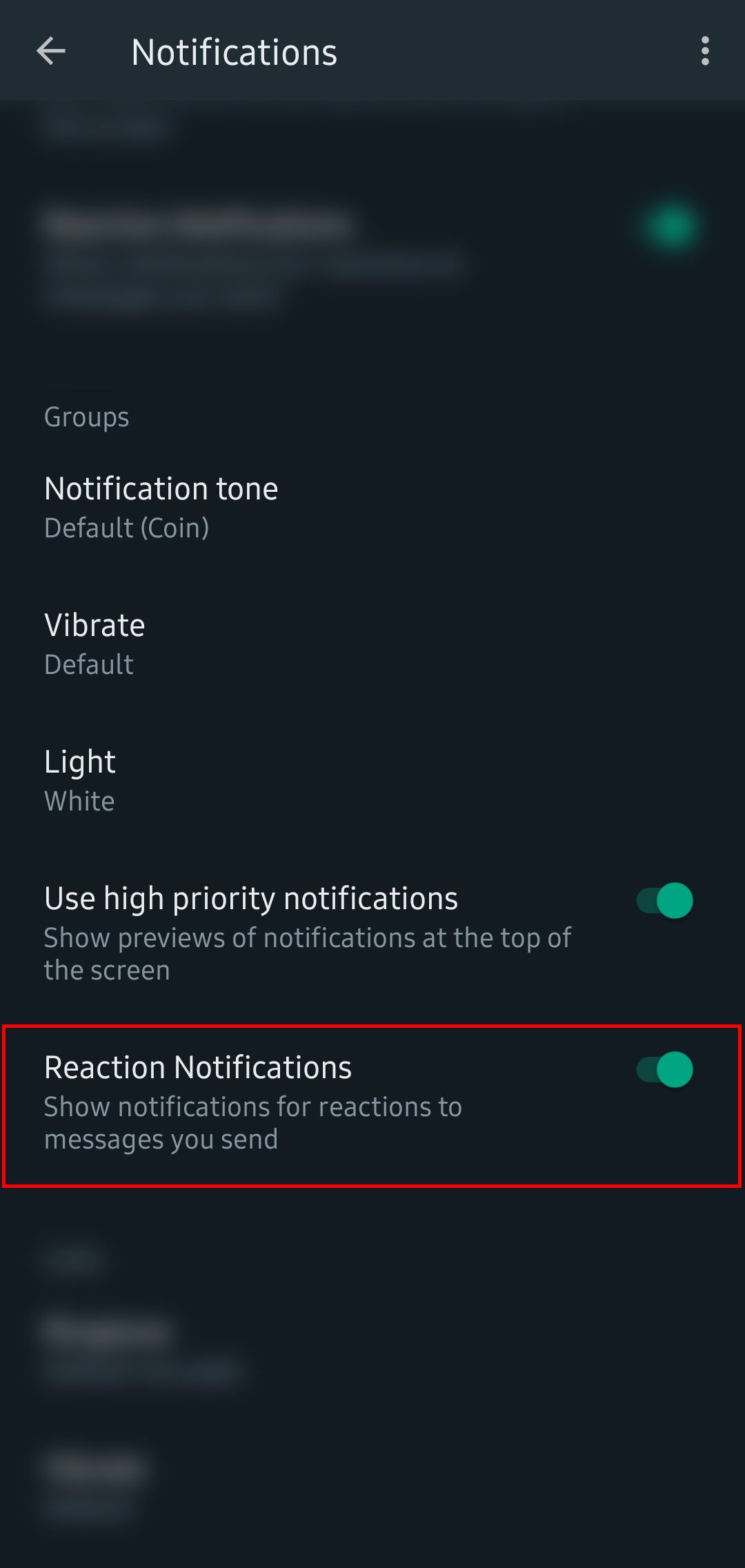opções de notificações do WhatsApp com as notificações de reação habilitadas em grupos