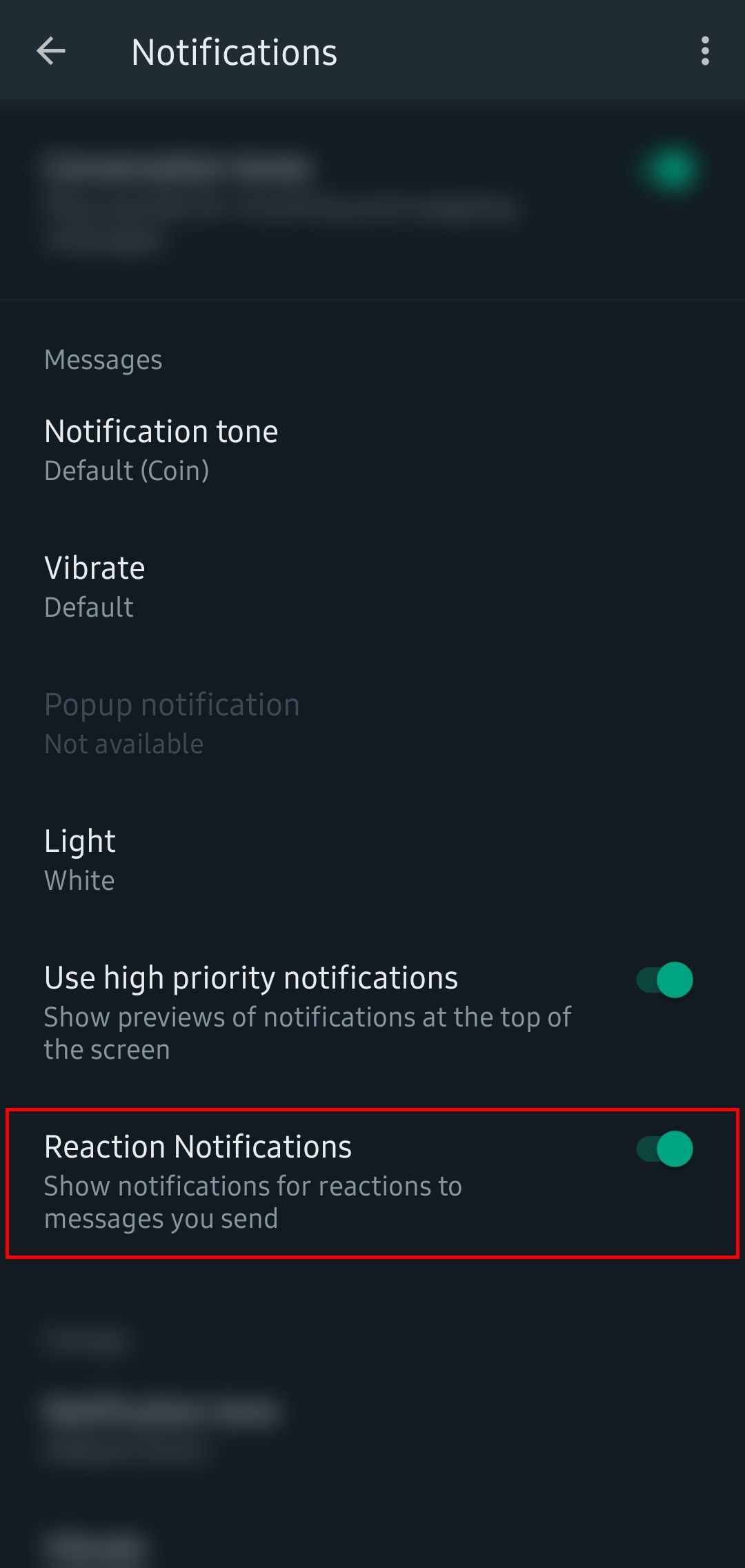 menu de opções de notificações do WhatsApp com as notificações de reação habilitadas nas opções de mensagens