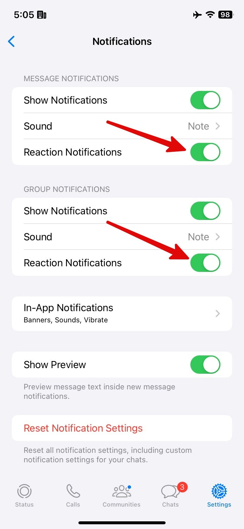 desabilitar reação a mensagens no WhatsApp para iPhone
