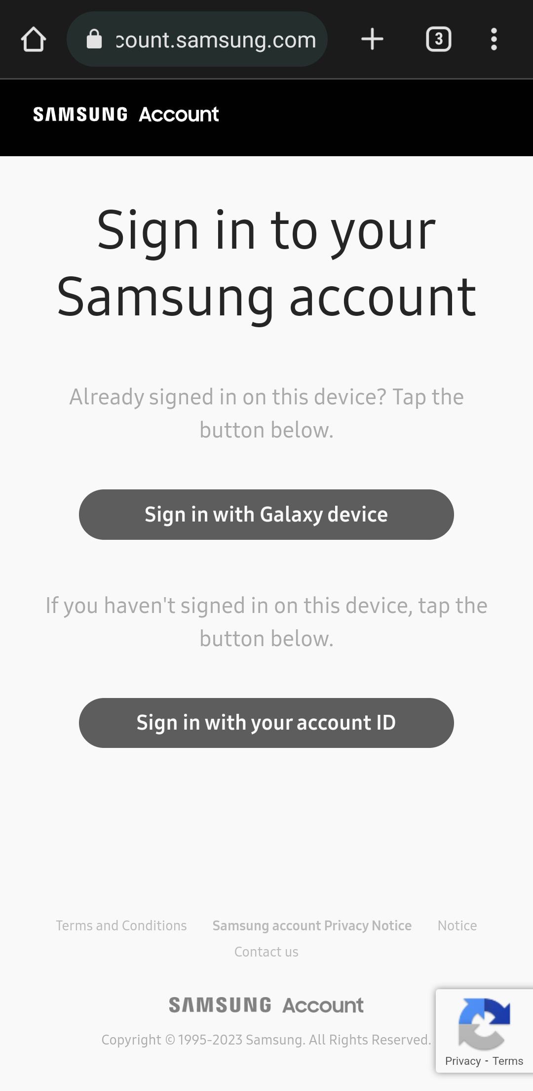 Faça login na página da sua conta Samsung