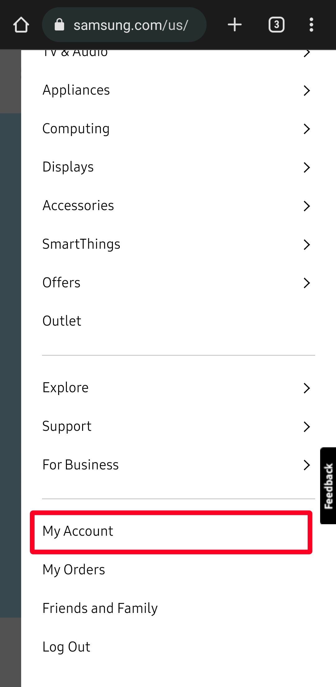 Opções de menu do site Samsung no smartphone móvel