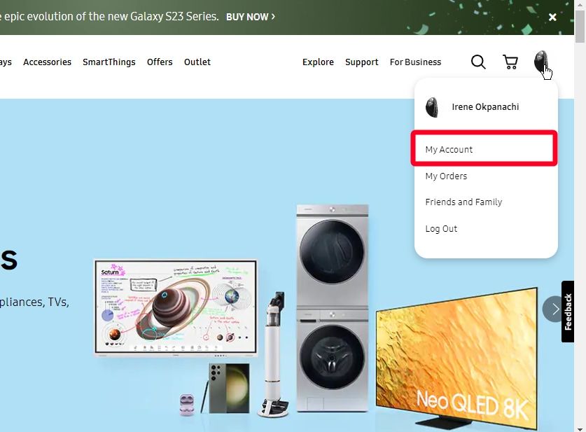 Opções de perfil no site da Samsung acessado via computador