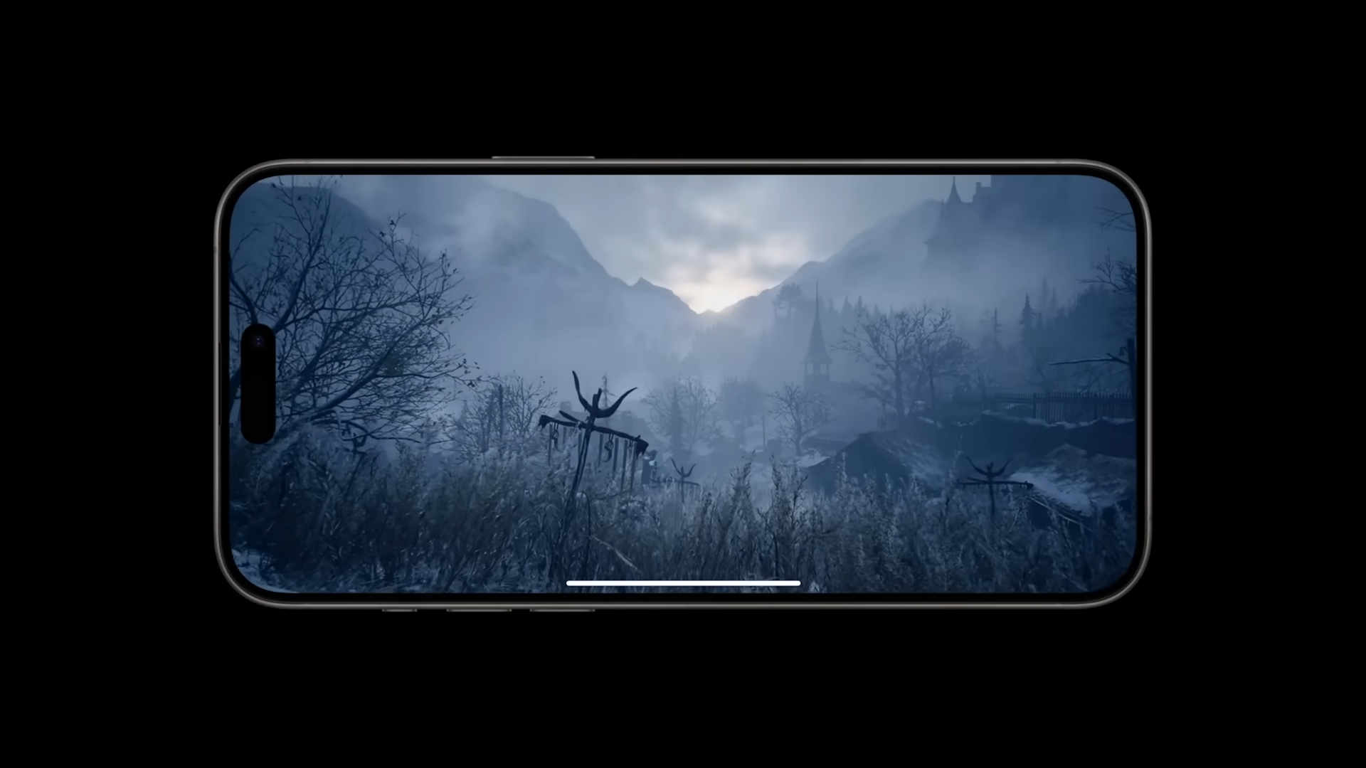 iphone 15 pro mostrando paisagem de floresta sombria na tela