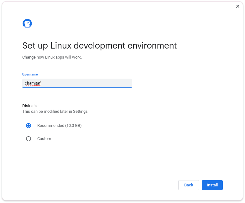 Uma captura de tela do ambiente de desenvolvimento Linux configurado no Acer Chromebox CXI5
