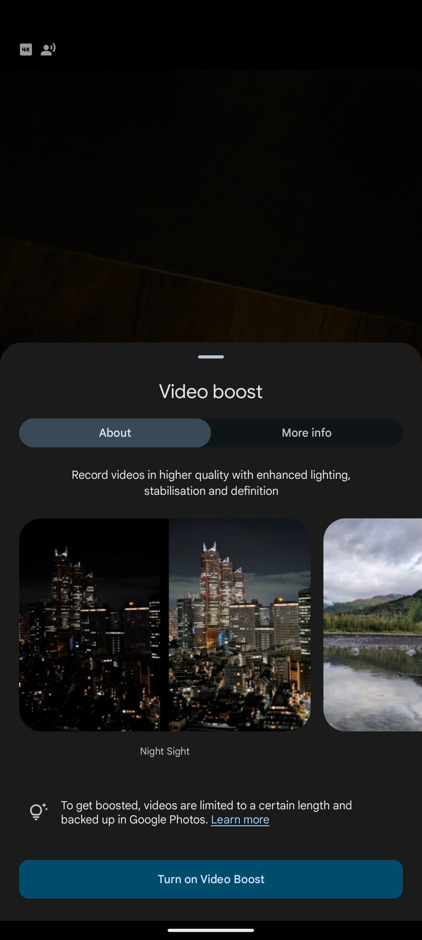 Explicação do Video Boost no aplicativo Pixel Camera