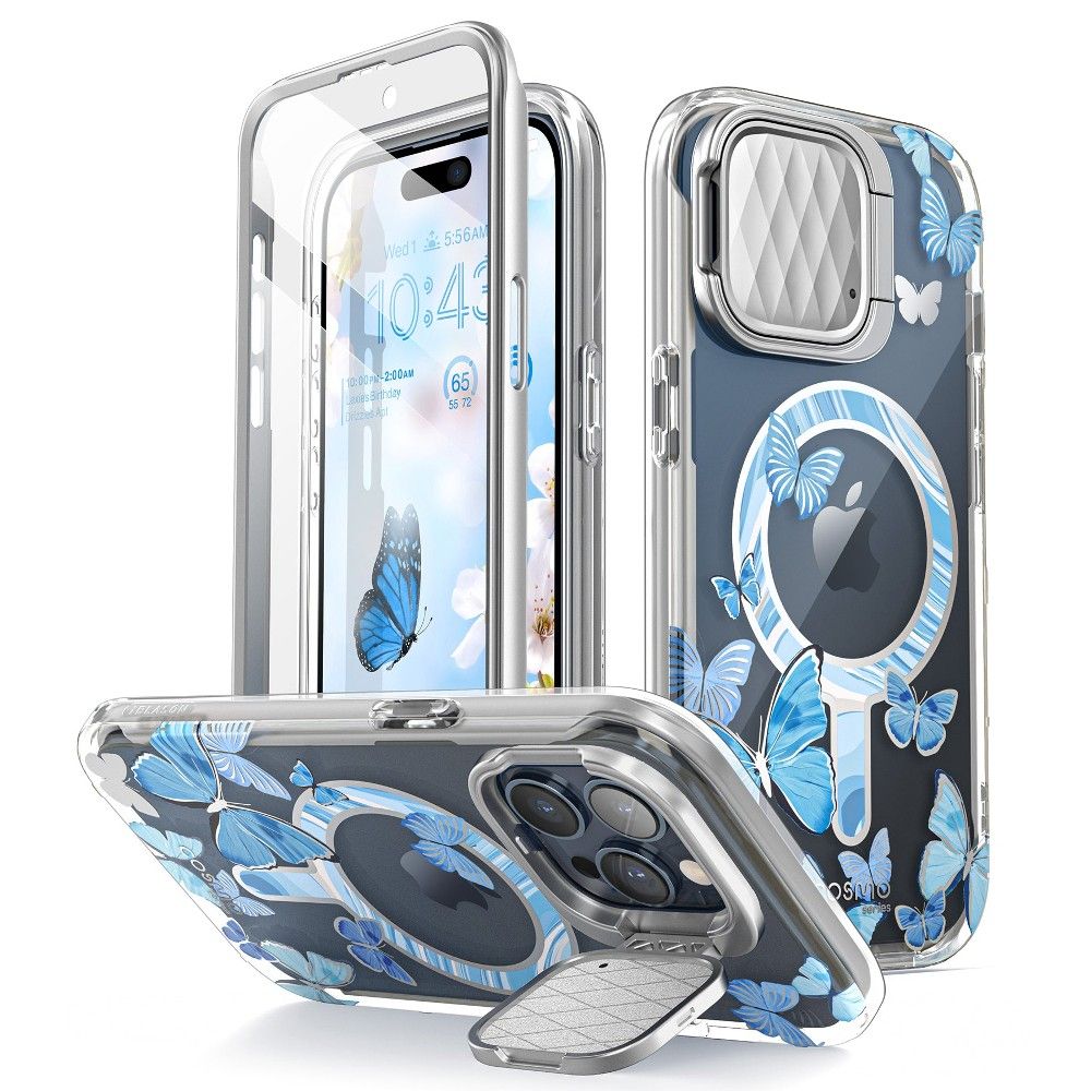 I-Blason Cosmo Mag para iPhone 15 Pro Max em Butterfly Blue em três ângulos em um fundo branco