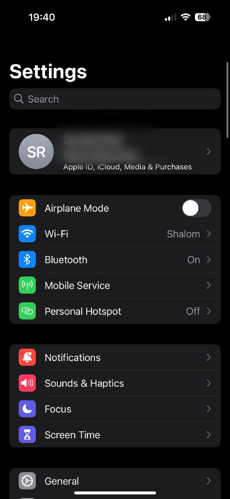 Captura de tela mostrada nas configurações do iPhone