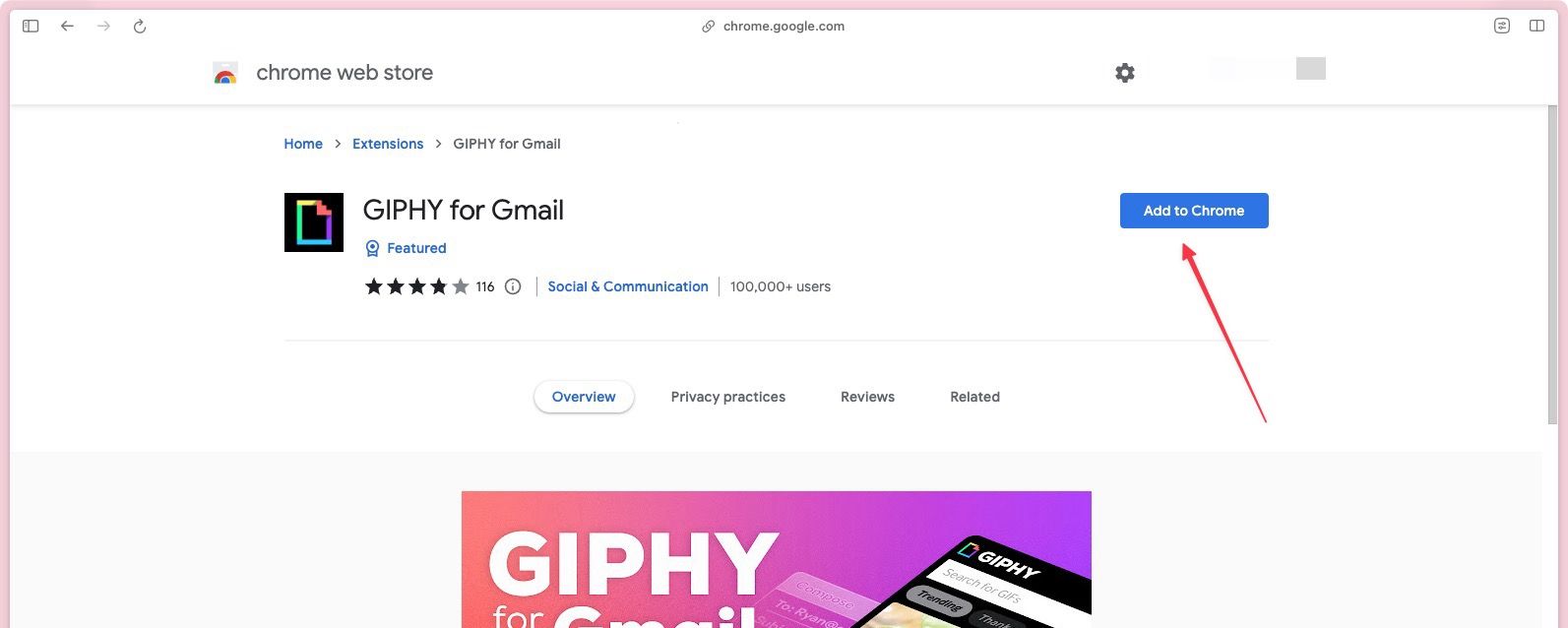 Captura de tela da página de extensão do GIPHY para Gmail