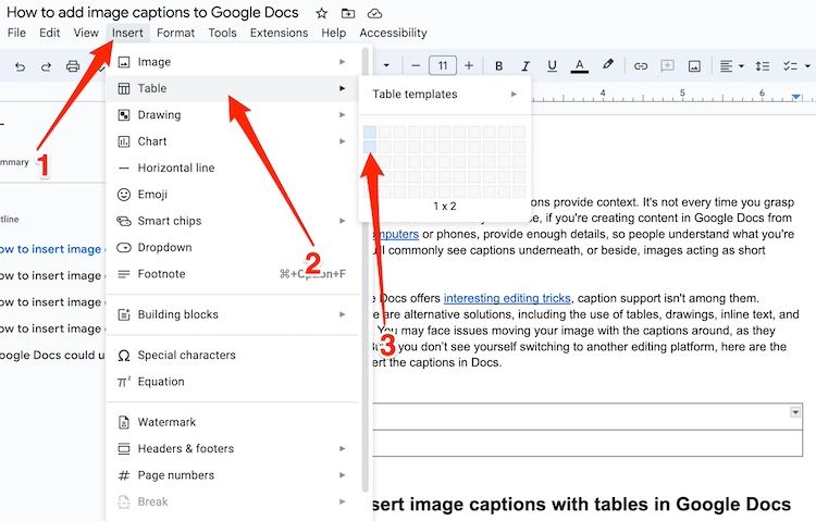 Inserindo uma tabela no aplicativo da web Google Docs