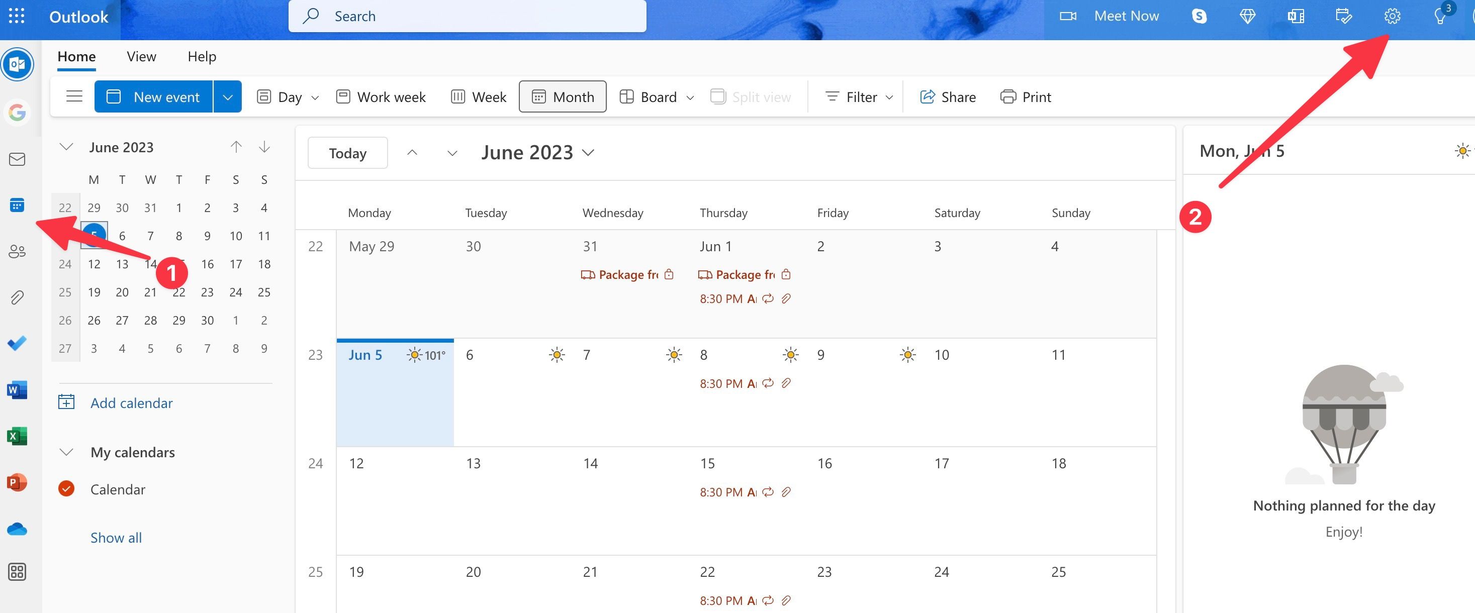 Configurações de calendário do Outlook