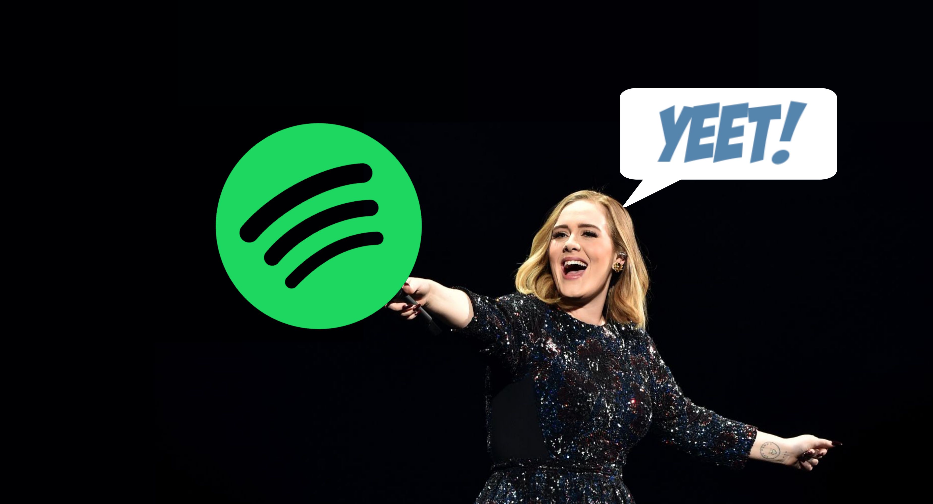 a artista Adele segurando o logotipo do Spotify com o braço estendido e um texto explicativo à direita contendo a palavra yeet em escrita cômica