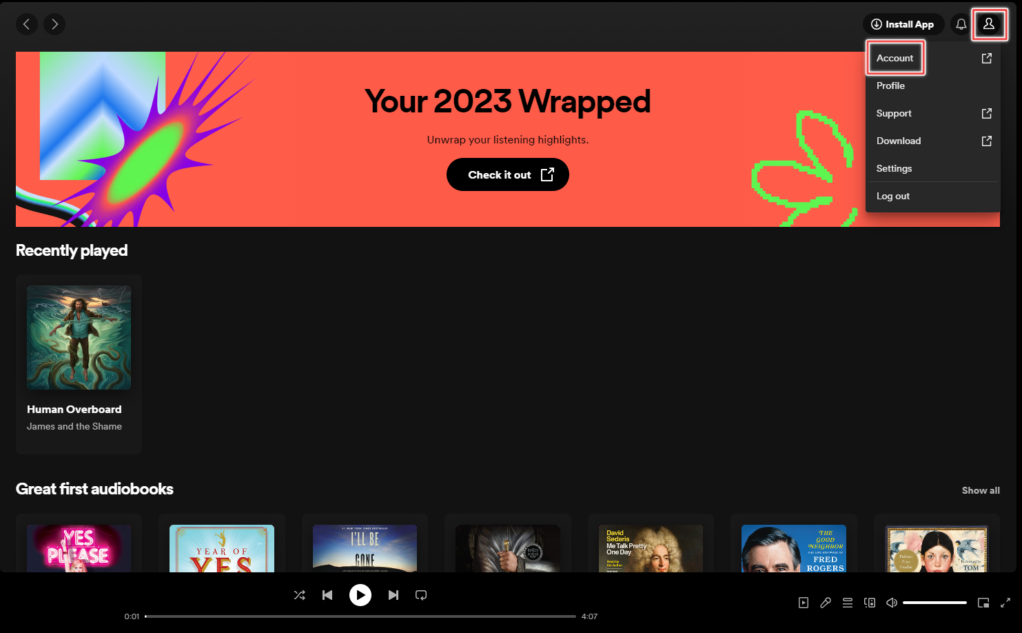 O ícone do perfil e o item de menu Conta destacados no site do Spotify
