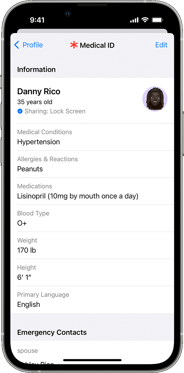 Tela de identificação médica no app Saúde da Apple mostrando informações de exemplo.