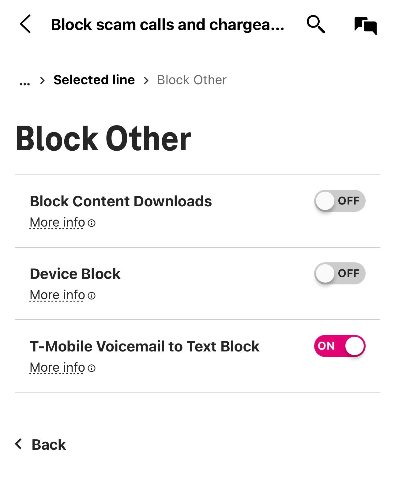 Escolha a opção de bloqueio do correio de voz da T-Mobil para menu de texto.