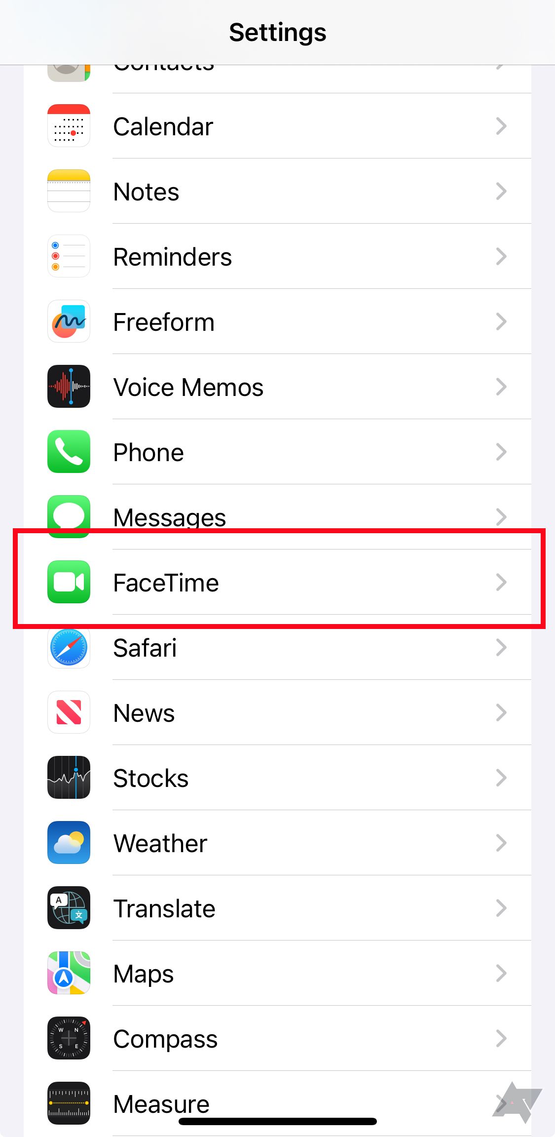 Selecione FaceTime nas configurações do iOS.