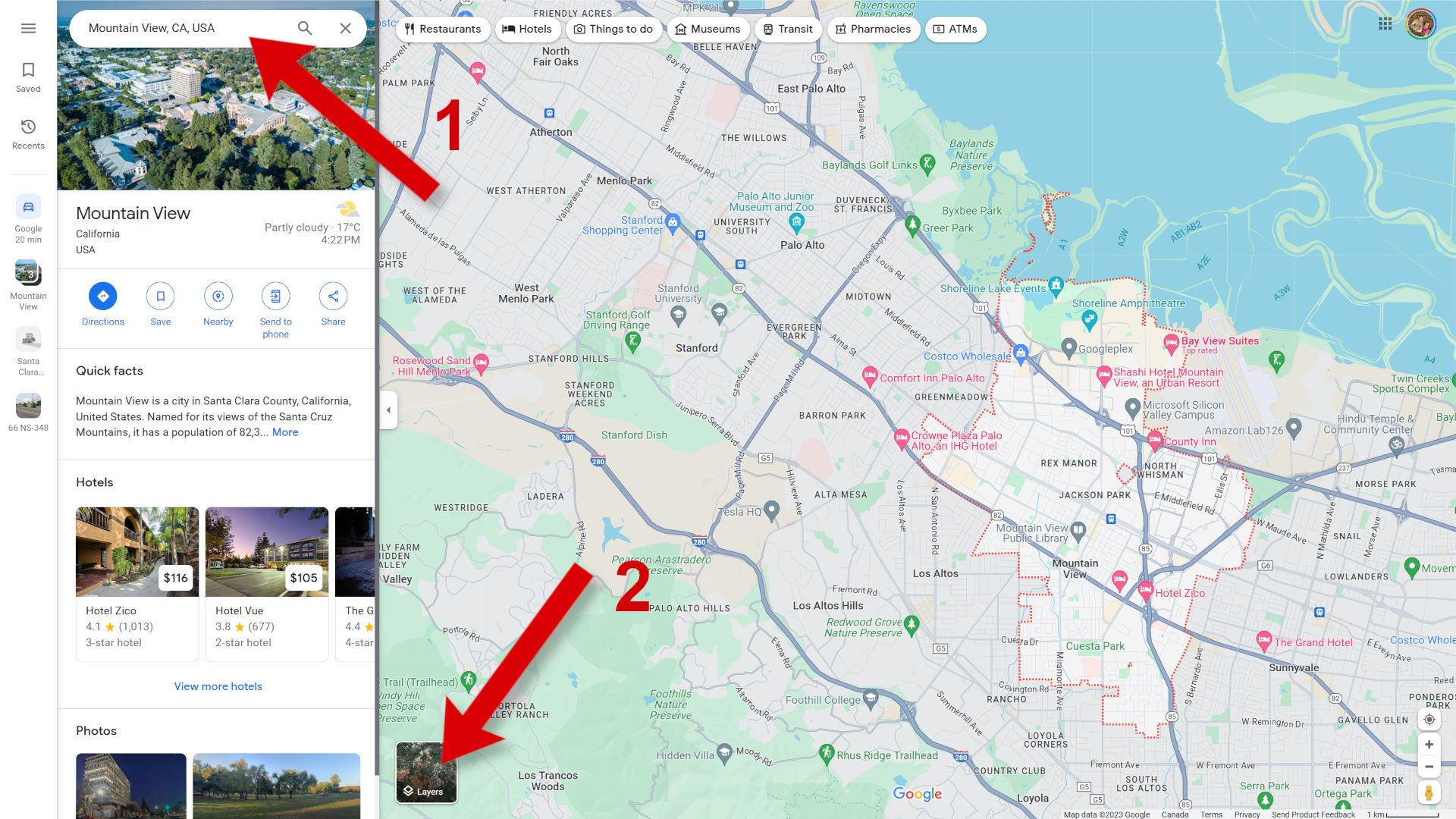 Captura de tela do Google Maps, mostrando a caixa de pesquisa e o menu Camadas