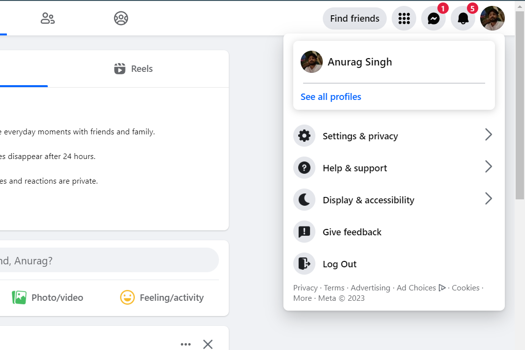 Captura de tela mostrando as configurações do Facebook e o menu de suporte