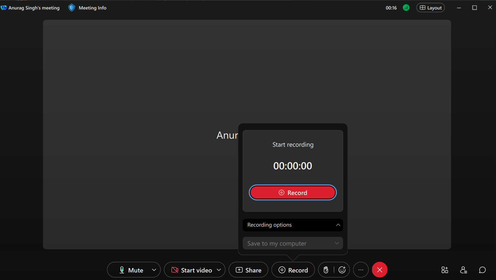 Captura de tela mostrando etapas para gravar uma reunião WebEx no desktop