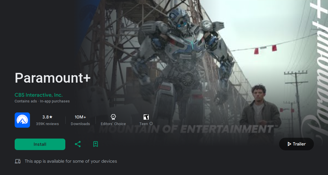 Captura de tela da página de instalação do Paramount+ na Google Play Store