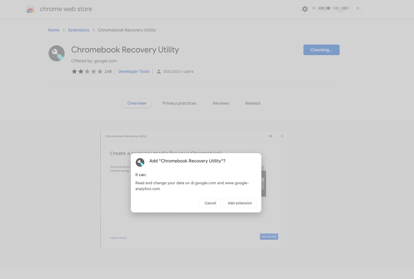 Uma imagem da extensão do utilitário de recuperação do Chromebook.