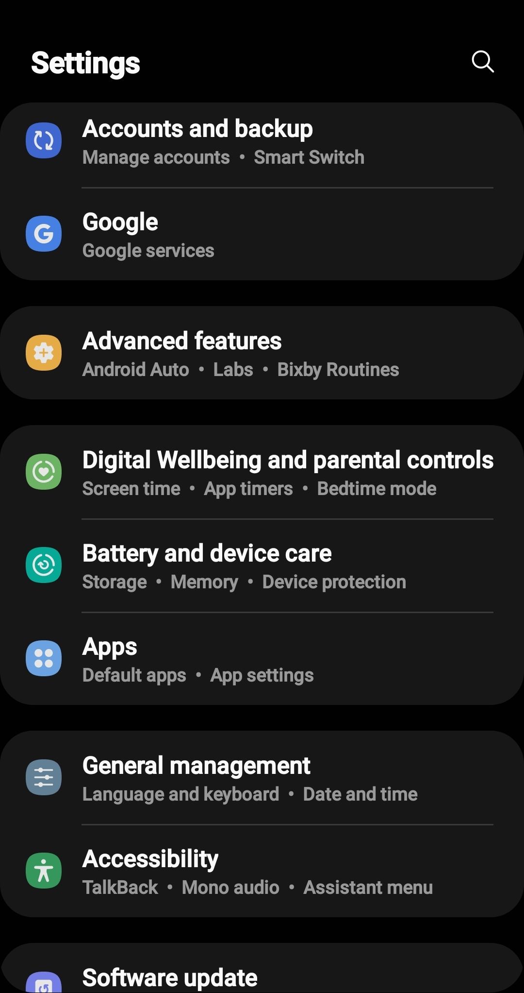 Uma captura de tela do menu de configurações do Android Galaxy S 10