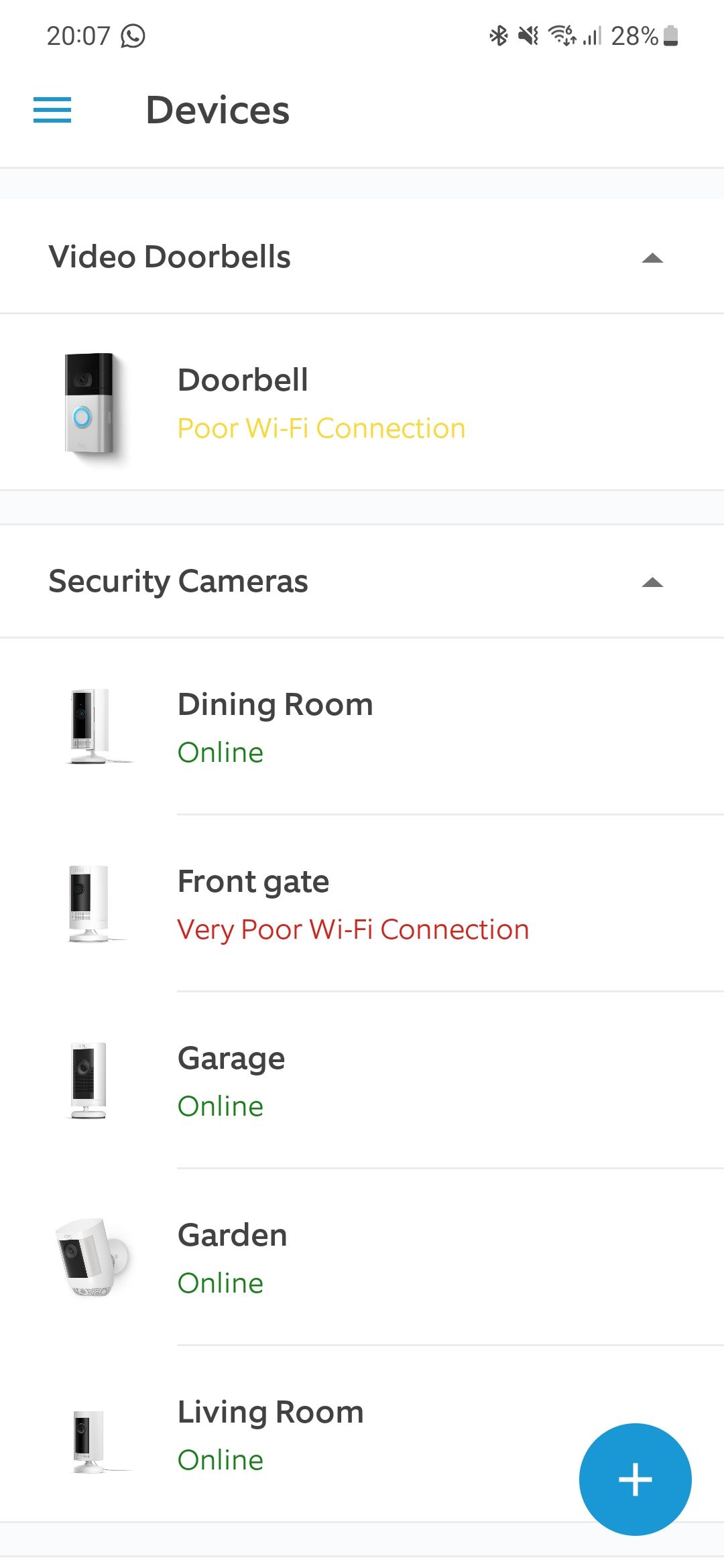 Captura de tela do aplicativo Ring mostrando a lista de dispositivos