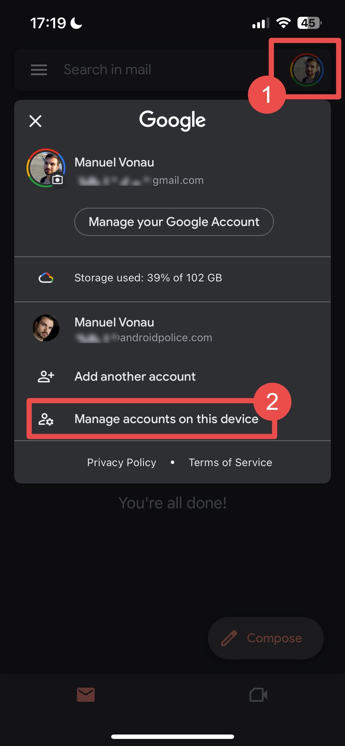 Menu suspenso do ícone do perfil do Gmail no iPhone