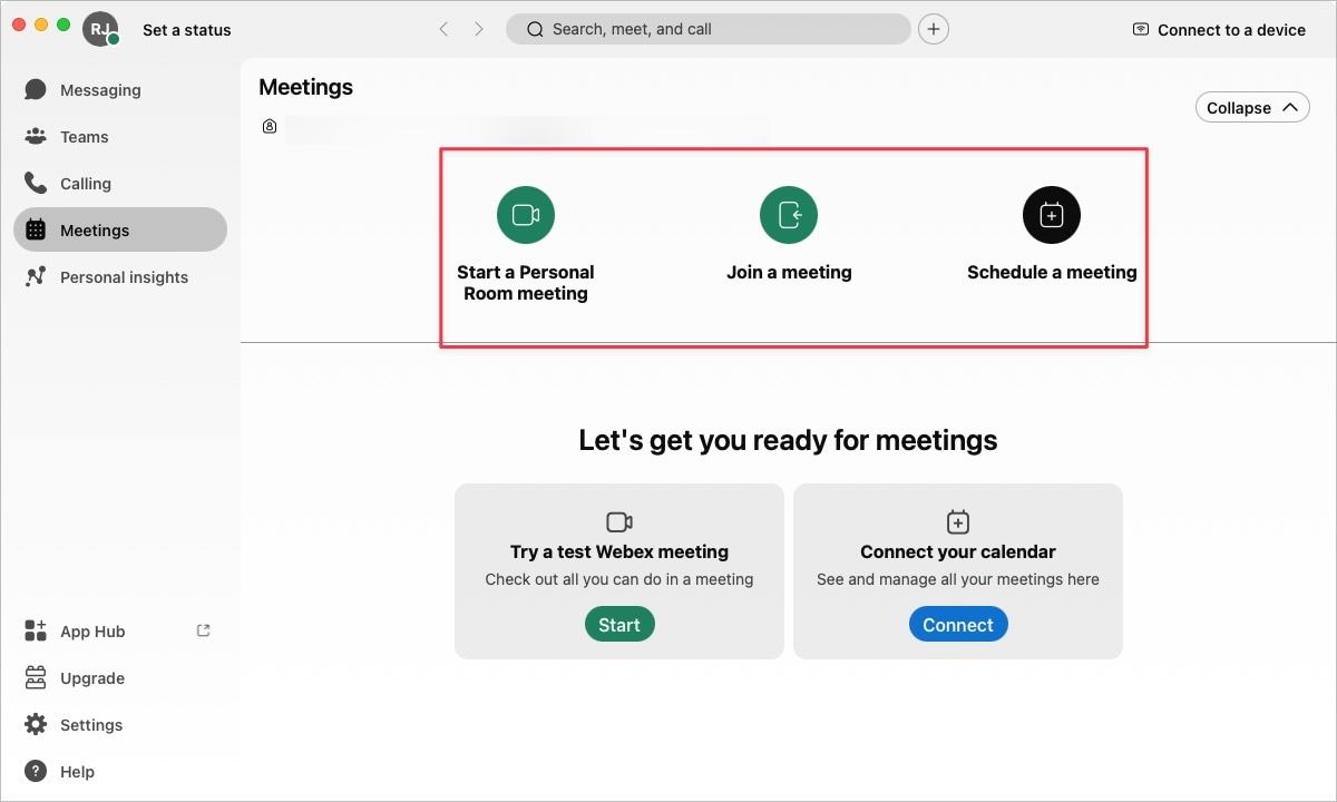 Captura de tela da tela do Webex Meetings