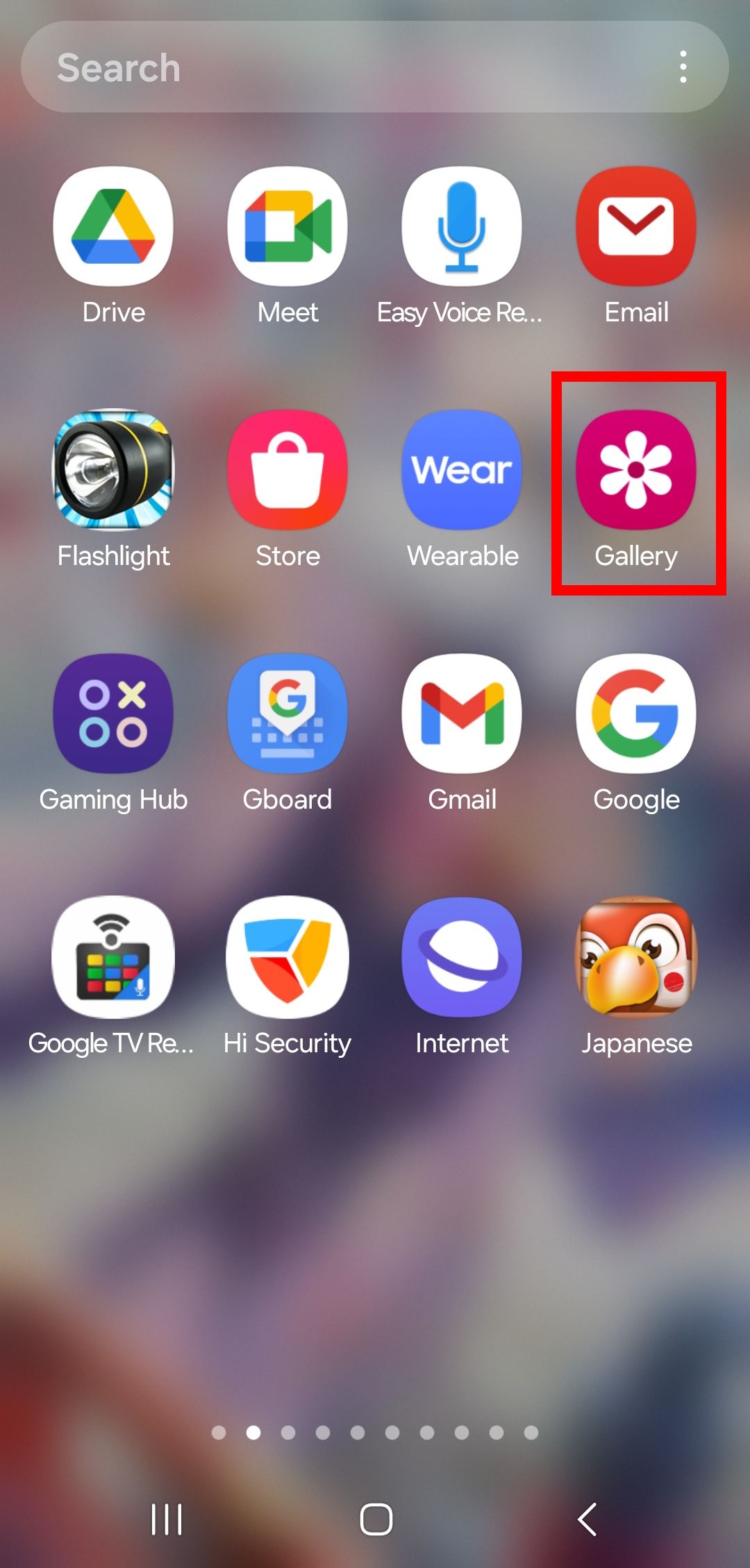 contorno de retângulo vermelho sobre o ícone do aplicativo Samsung Gallery na tela inicial do Galaxy