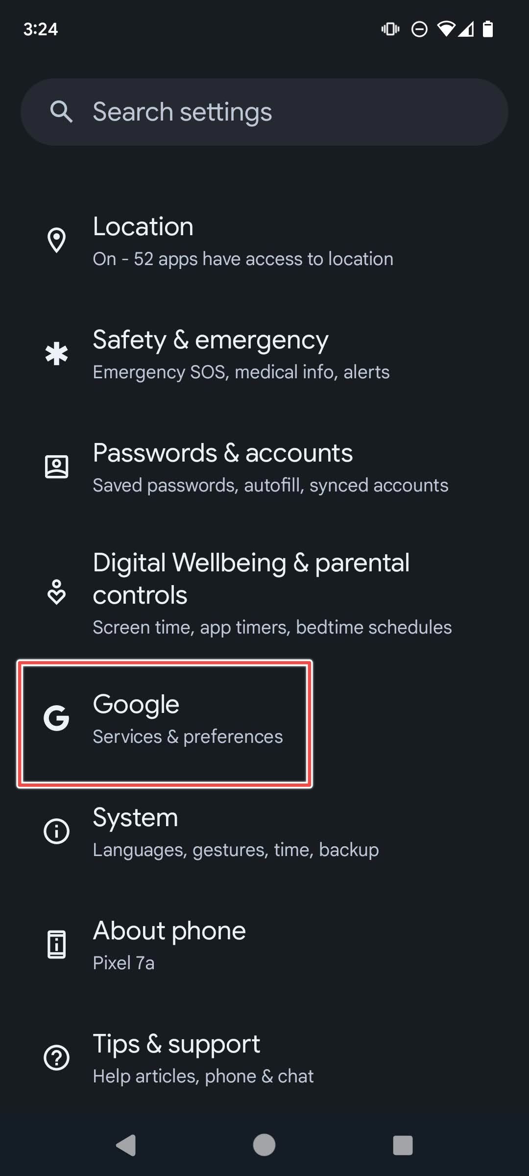 Google em destaque nas configurações do Android 