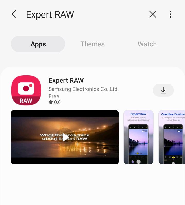 Captura de tela do aplicativo Expert RAW na Samsung Galaxy Store, mostrando o logotipo do aplicativo, uma imagem promocional e destaques de recursos adicionais com um botão de download.