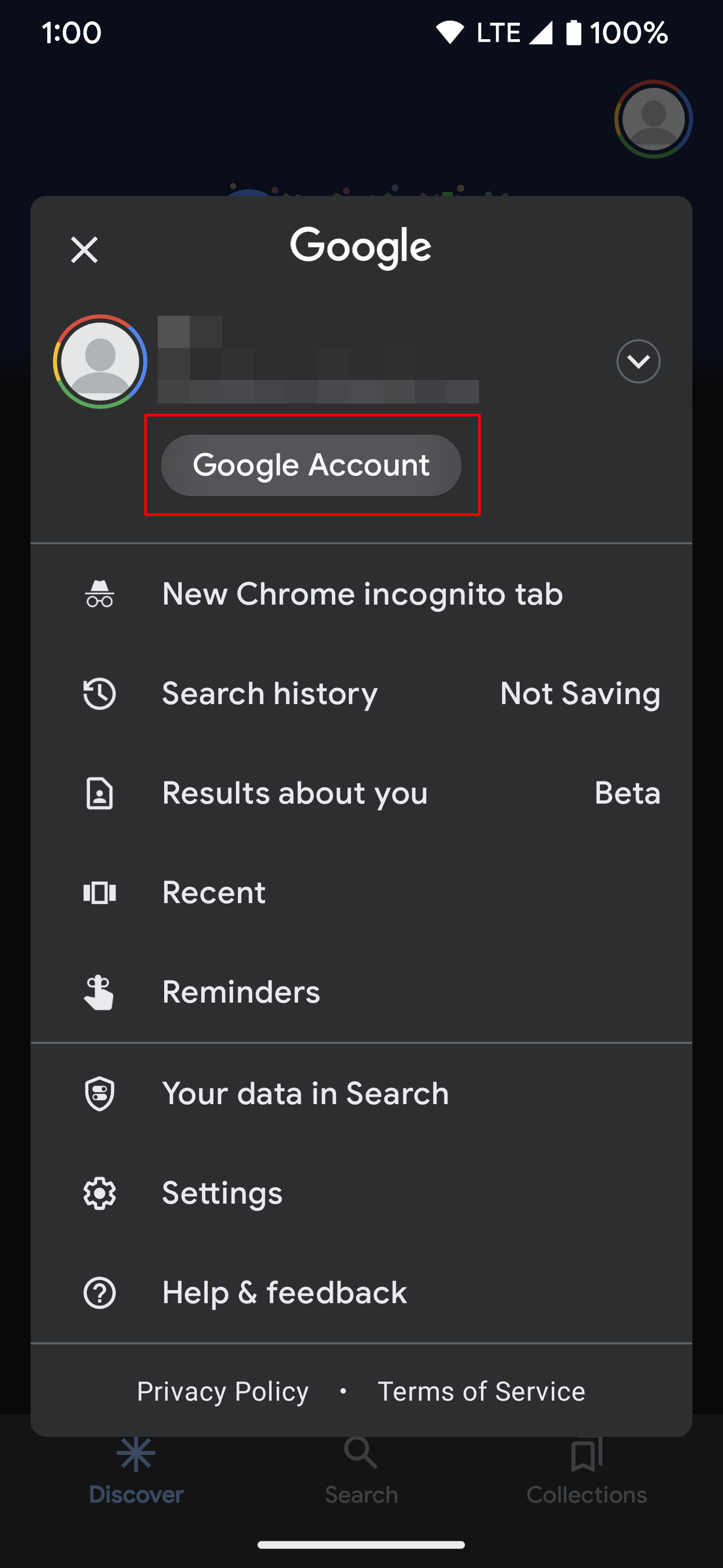 Selecionando o "Conta do Google" botão para uma conta do Google no Google app.
