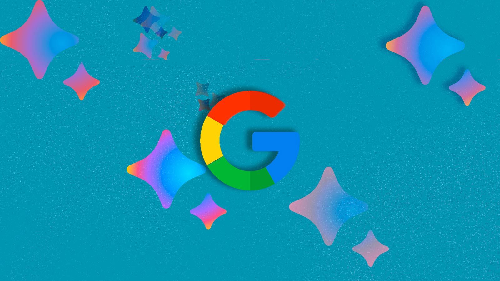 Uma ilustração do logotipo do Google centralizado em um fundo azul com várias joias do Bardo na periferia. 