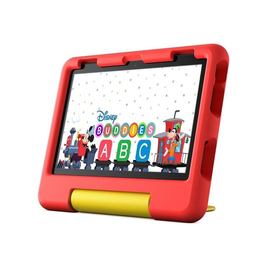 Um tablet Amazon Fire HD 8 Kids com um estojo vermelho e amarelo à prova de crianças em um fundo branco