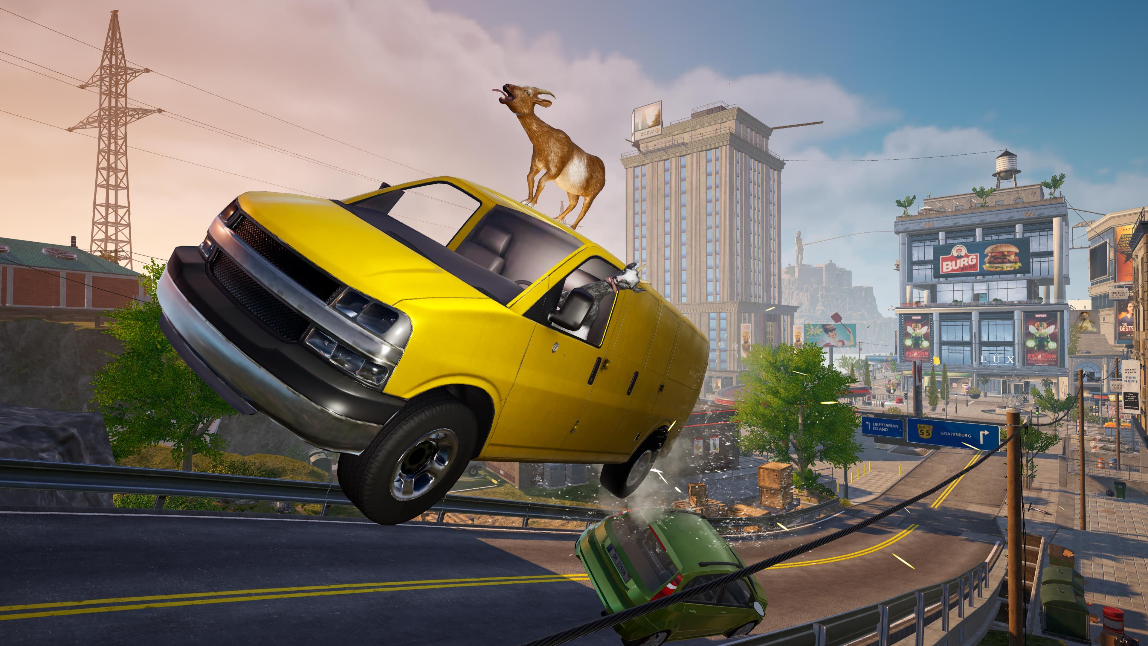 Uma cabra andando em cima de uma van amarela no Goat Simulator 3