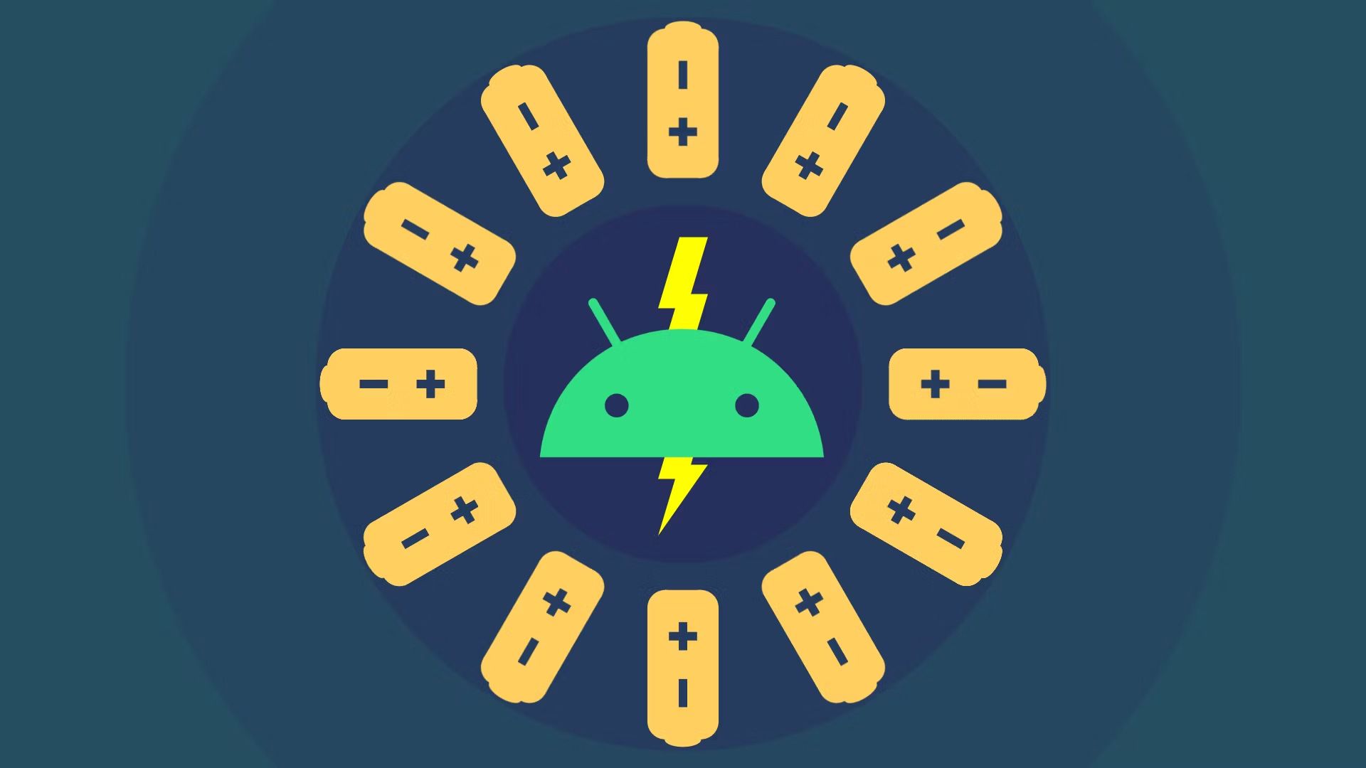 O logotipo do Android cercado por imagens de baterias
