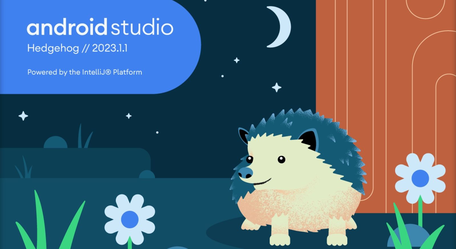 Uma ilustração artística para o lançamento do Android Studio 2023.1.1 Hedgehog, apresentando um ouriço desenhado em uma campina à noite