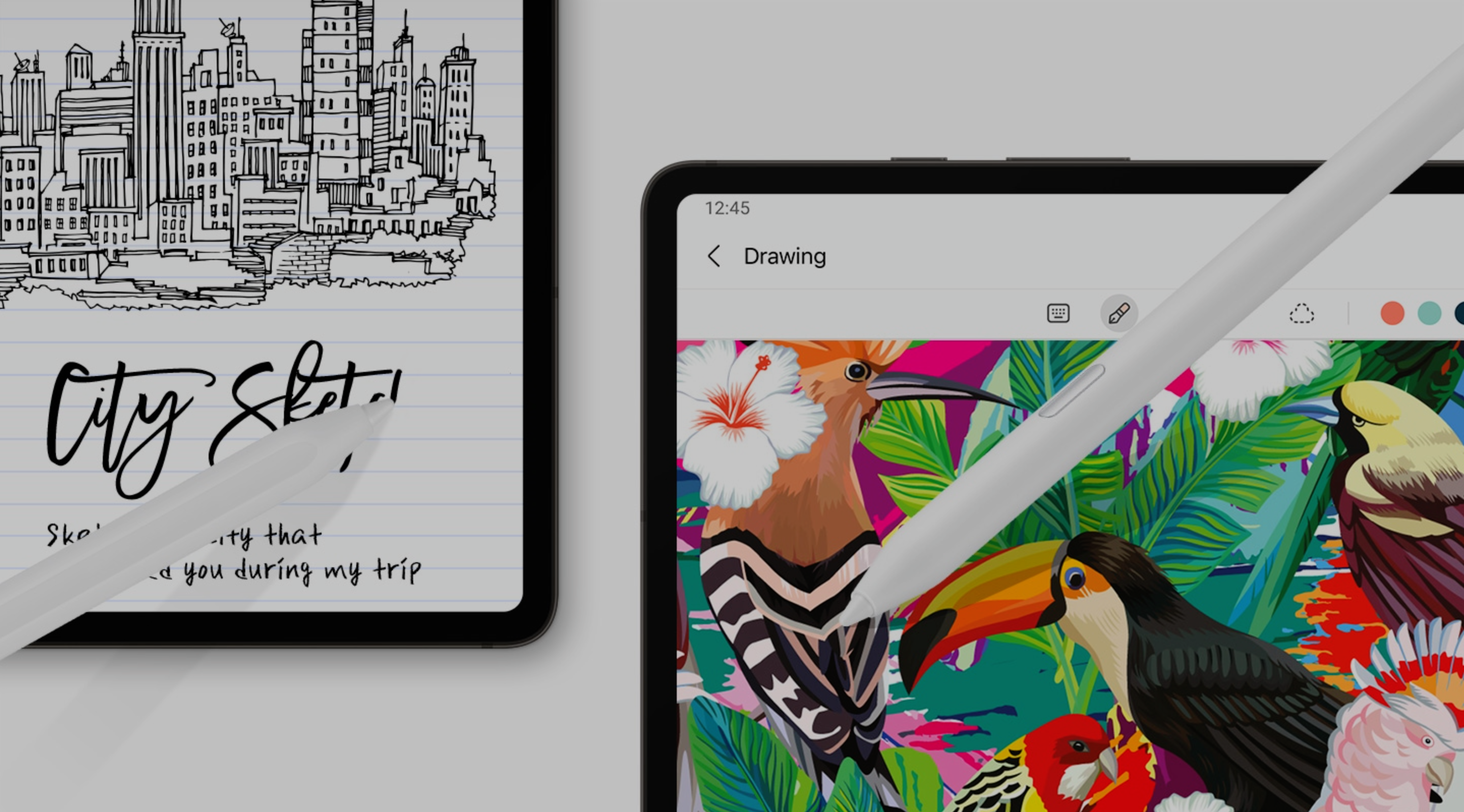 Duas canetas Galaxy S Pen Creator Edition mostradas desenhando e pintando em um tablet