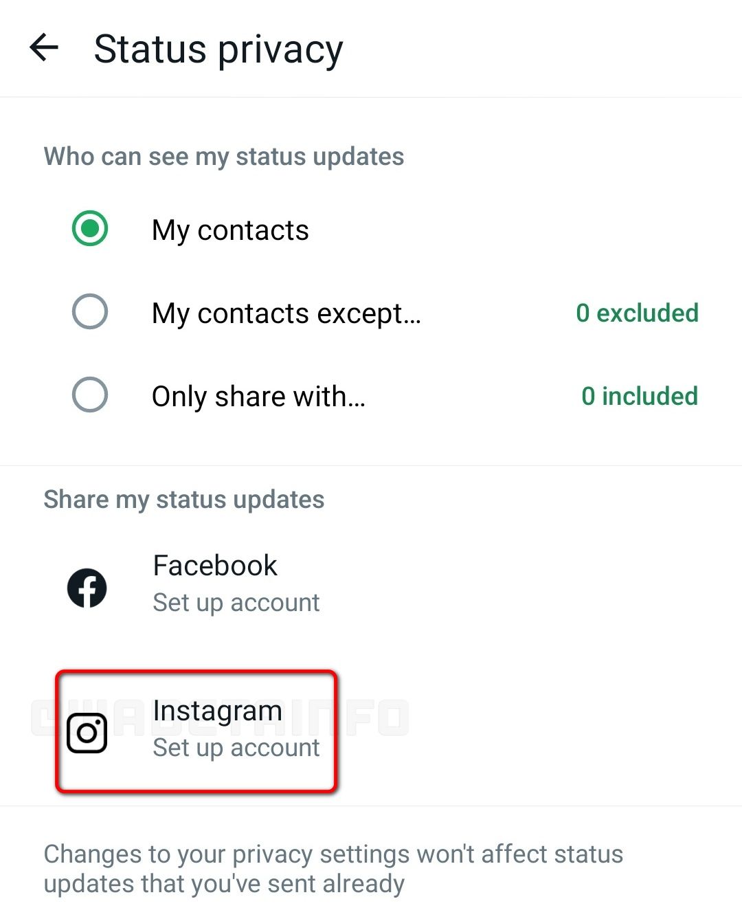 Captura de tela da versão beta mais recente mostrando uma opção nas configurações do WhatsApp para vincular sua conta do Instagram