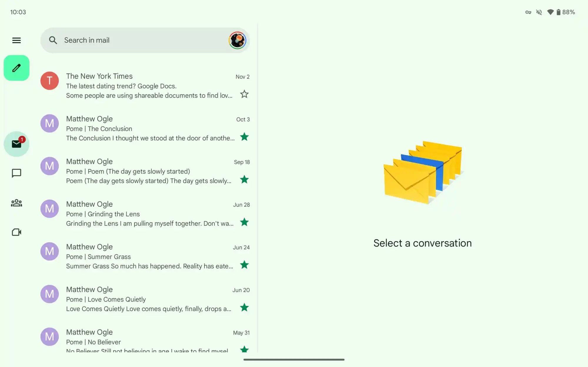 O novo painel de navegação do Gmail à esquerda na interface do tablet