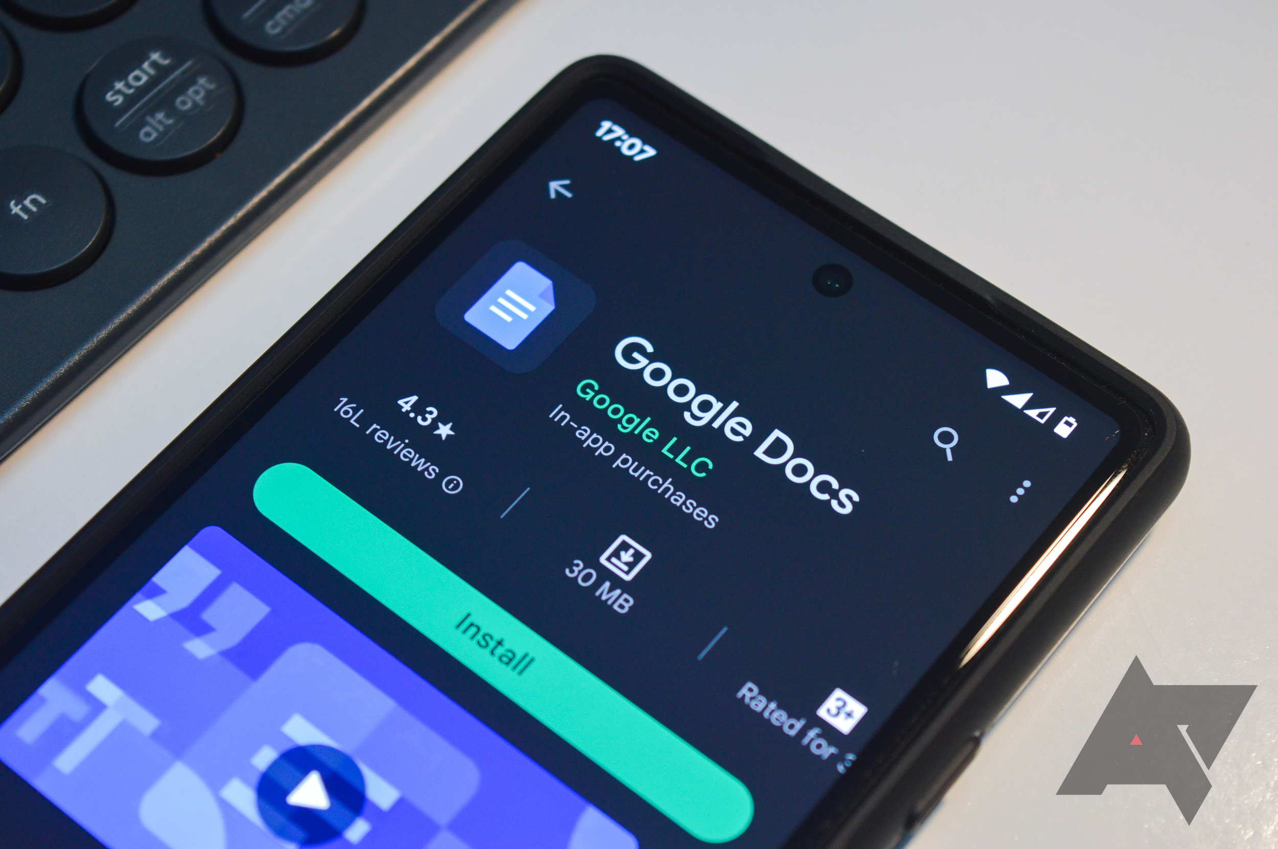 Tela do telefone mostrando o aplicativo Google Docs na Google Play Store