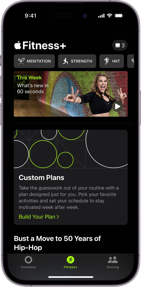 A tela inicial do Apple Fitness Plus em um iPhone.