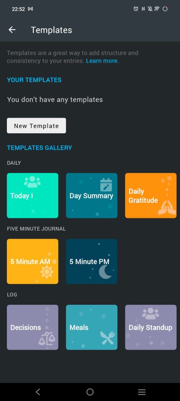 Captura de tela mostrando modelos de diário do primeiro dia