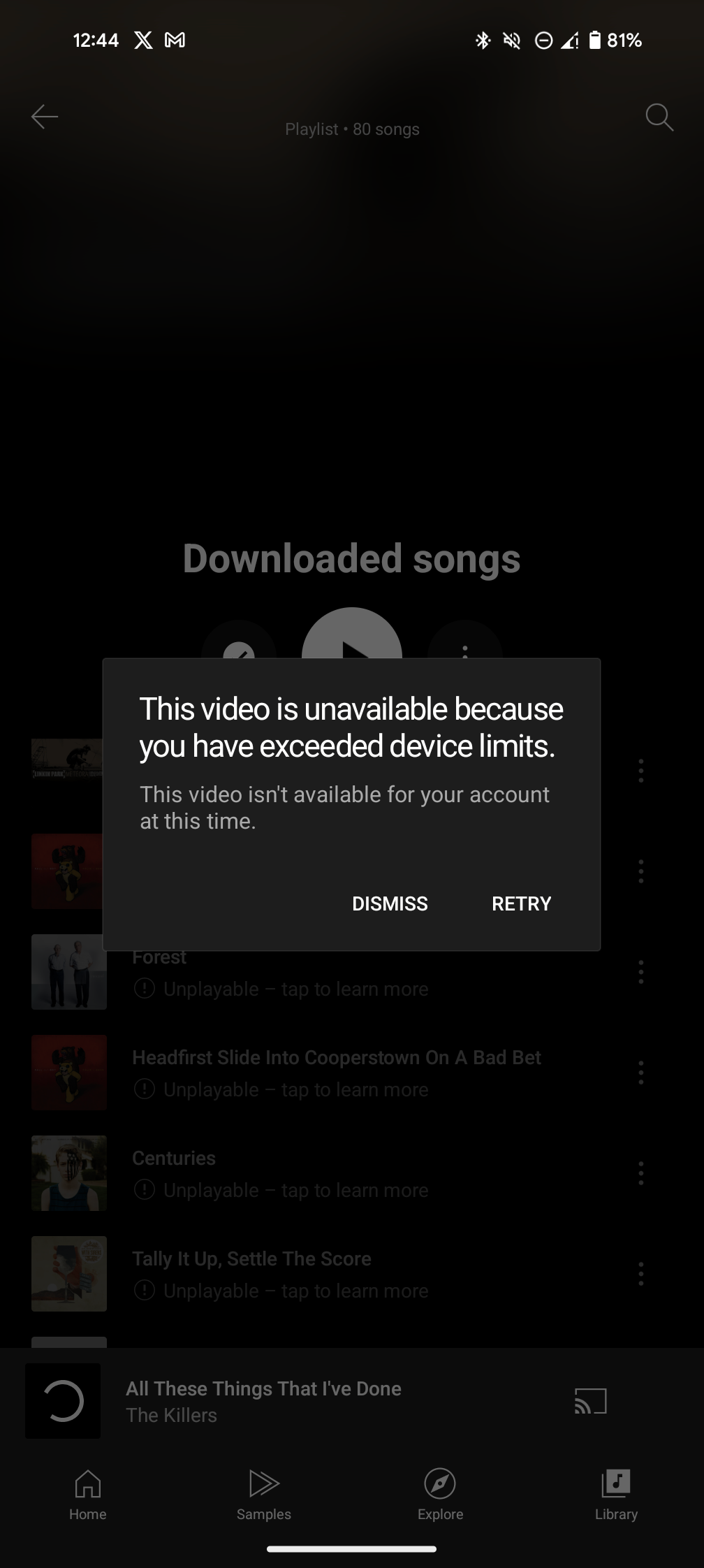 Uma captura de tela do YouTube Music exibindo um aviso de limite de dispositivo