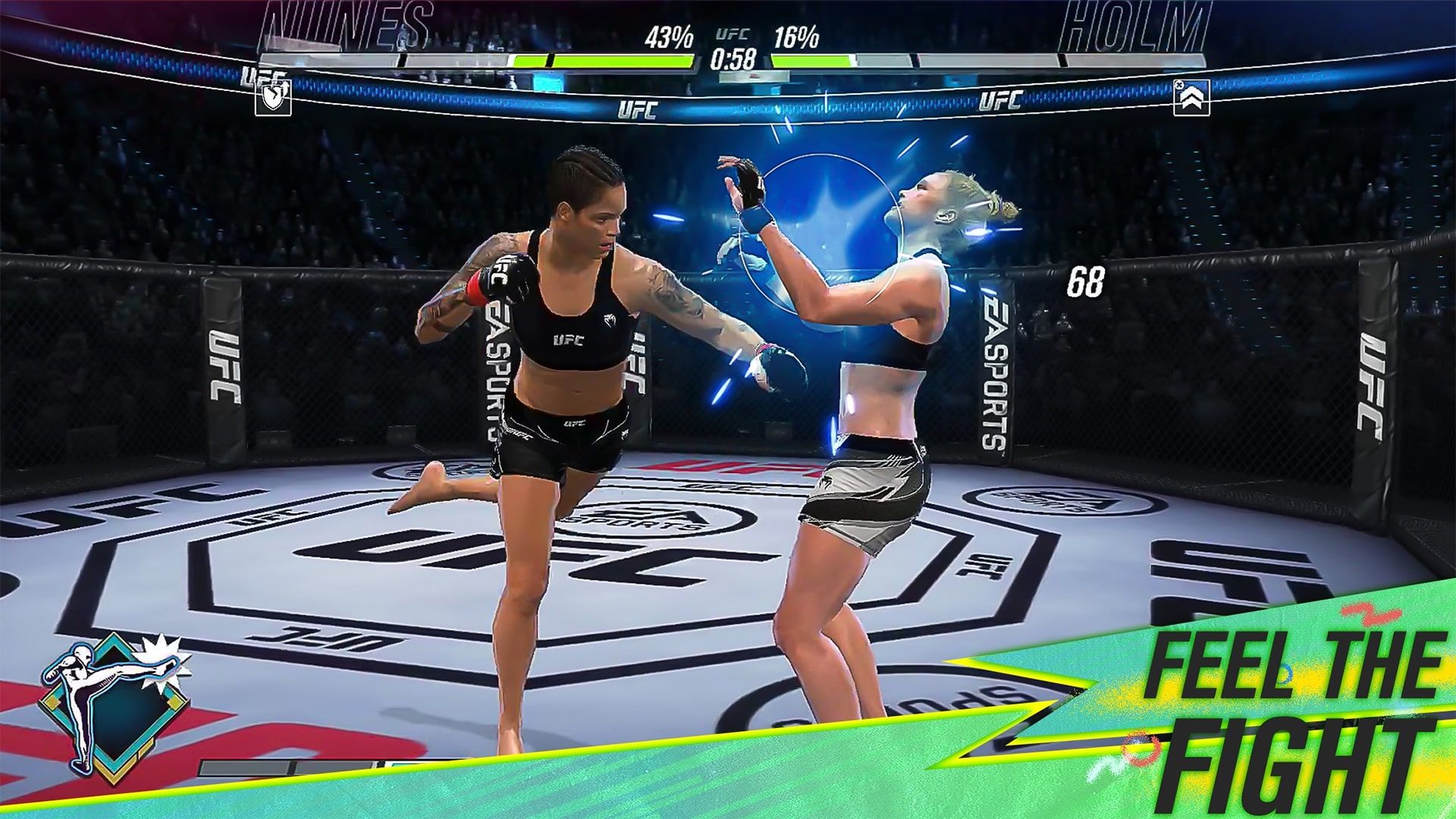 Jogabilidade móvel do UFC no Android com splash art verde e texto sobreposto